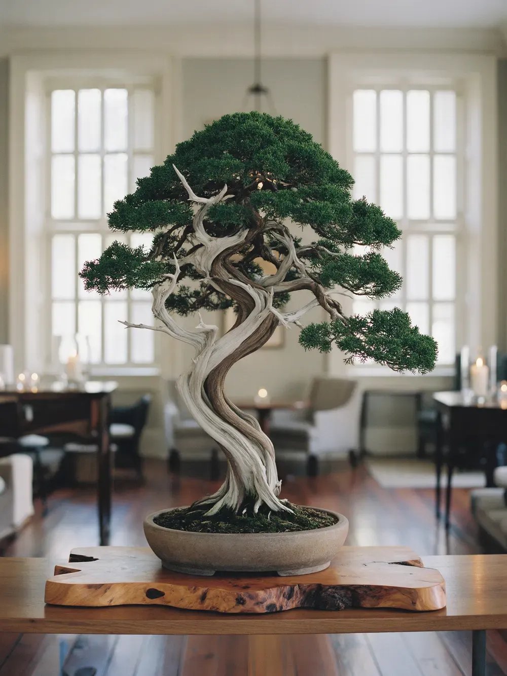 A coastal juniper with silver deadwood in a stoneware pot on a live-edge cypress slab, displayed in a hotel lobby.