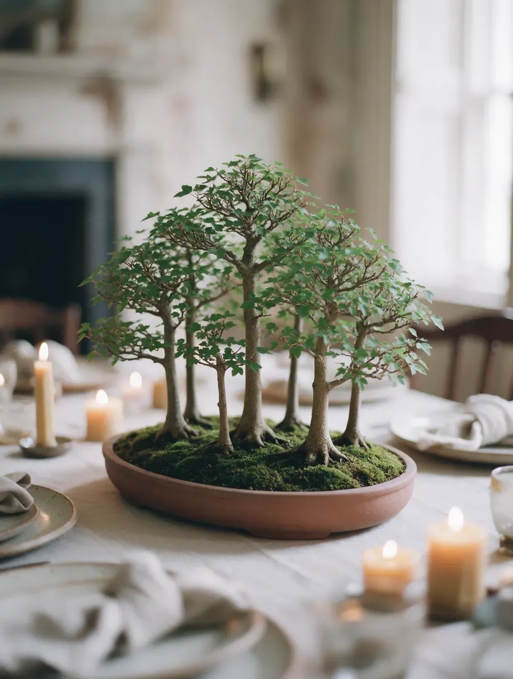 A trident maple forest planting in an unglazed Tokoname tray, centered on a candlelit private dinner table.